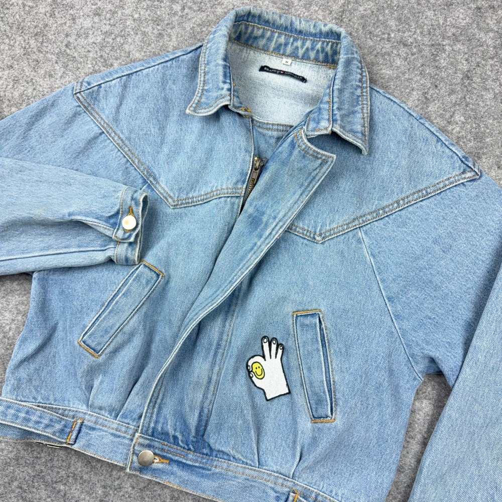 Brandy Melville Denim Jacket Women M Light Wash Cropped Jean Bomber Smiley Patch